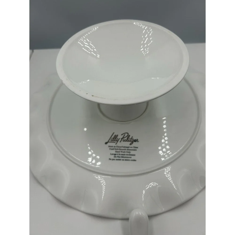 Lilly Pulitzer 017521 12in Ceramic Cake Stand & Knife Set Green/White Floral